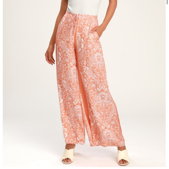 Lulu’s Nora Orange and White print Wide Leg Pants w pockets Size XS 🔥 Comfy - Picture 1 of 8